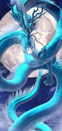 This exquisite phone live wallpaper showcases a mesmerizing blue dragon set against a backdrop of a full moon, designed with stunning attention to detail