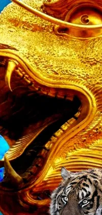 This phone live wallpaper showcases a tiger standing near a golden dragon statue while a kaiju starfish adds a touch of sci-fi flair