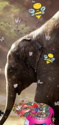 This delightful phone live wallpaper depicts a mother elephant and her calf in an African savanna landscape