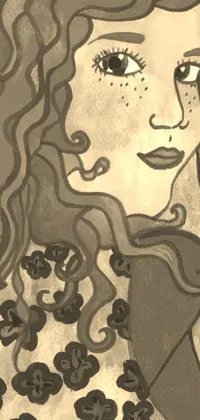 This live phone wallpaper depicts a stunning drawing of a woman with long curly hair in an Art Nouveau style