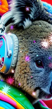 Get ready to add some charm and energy to your phone with this lively live wallpaper! Featuring a close-up image of a cute koala wearing headphones, this vibrant airbrush painting is brought to life with an incredible high dynamic range effect