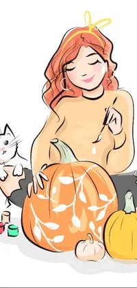 This phone live wallpaper features a beautifully illustrated autumn scene of a woman with a cat and pumpkin in a vector art style