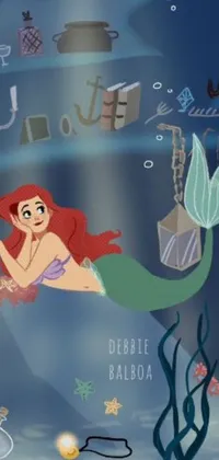 This phone live wallpaper showcases the Little Mermaid from the popular Disney movie swimming around an undersea laboratory in an animated GIF style