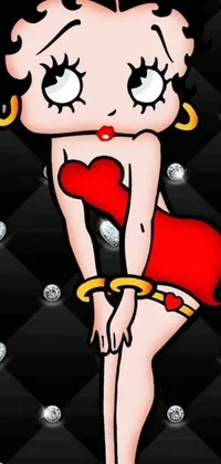 This phone live wallpaper showcases a pop art inspired cartoon of a striking woman wearing a bold red dress
