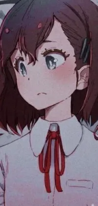 This captivating phone live wallpaper features a close-up of a cellphone held closely by a figure wearing a vibrant red school uniform
