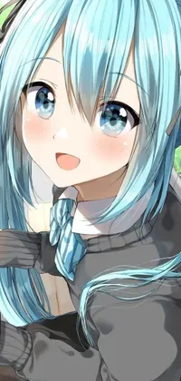 This phone live wallpaper features a beautiful anime drawing of a blue-haired girl holding a cell phone, complete with fine detail capturing every aspect of her shy but smiling face