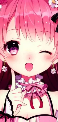 This live wallpaper features a close-up of a pink-haired person with a happy appearance, set against a heavenly clouds background