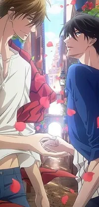 This live wallpaper brings a touch of romance to your phone - featuring two anime characters standing close to one another, gazing deep into each other's eyes