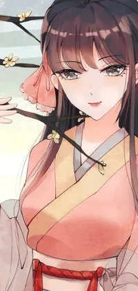 This anime phone live wallpaper depicts a serene setting of a female protagonist standing under a tree