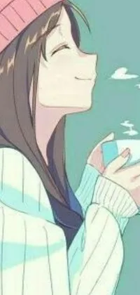 This phone live wallpaper features an anime-style drawing of a hand holding a cup of coffee