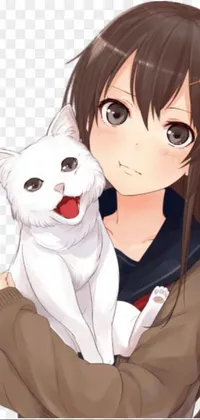 This lively phone wallpaper showcases an anime illustration of a young girl clutching a white feline, set against a white background