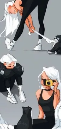 This phone live wallpaper showcases a stunning and quirky woman with crazy white hair sitting on the ground next to a fluffy black cat