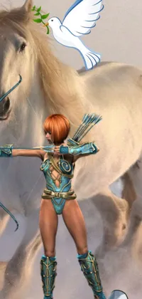 This phone live wallpaper showcases a stunning golden and copper armor that radiates a shining aura on a powerful woman holding a bow while standing next to a magnificent white horse