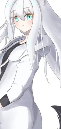 This phone live wallpaper features a detailed, close-up image of a person adorned in a sleek cat suit and striking white long hair