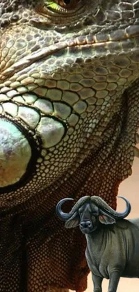 This live wallpaper depicts a stunning close-up photograph of a bull and iguana statuette