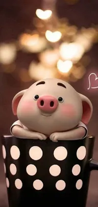 This live wallpaper features a charming close-up image of a cup with an adorable pig sitting in the center