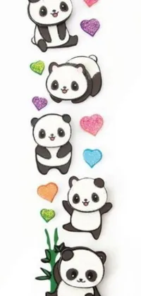 Looking for an adorable and charming live wallpaper for your phone? This group of panda bears sitting together surrounded by hearts is perfect for you! With its whimsical pastel colors, playful glitter sticker, and high level of detail, this wallpaper is sure to bring a smile to your face every time you look at your phone