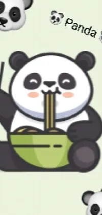 This mobile live wallpaper displays an animated image of a lovable panda munching on a scrumptious bowl of noodles with a pair of chopsticks