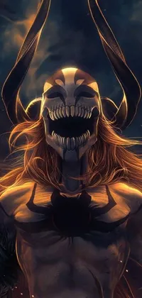 This phone live wallpaper features a stunningly detailed, digital art depiction of a horned figure with a venom symbiote appearance in a lascivious smile expression