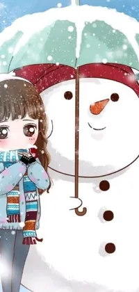 This lively phone live wallpaper depicts a wintry scene, with a young girl standing next to a cheery snowman