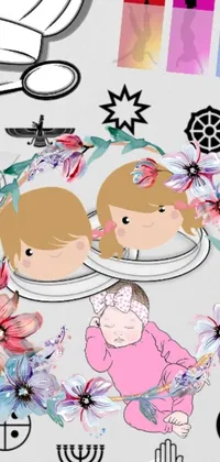 This lively phone live wallpaper features an adorable scene of babies sitting atop a table surrounded by a digital art depiction of springtime