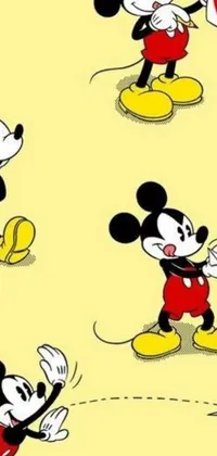 This cute phone live wallpaper features a group of cartoon Mickey Mouse characters happily eating cheese on a bright yellow background with red, yellow, and black colors