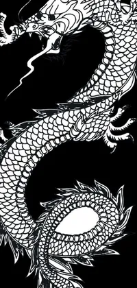This stunning live wallpaper features a black and white vector image of a dragon in the Naga style, inspired by Sōsaku Hanga
