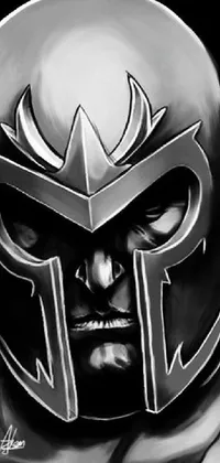 This dynamic phone live wallpaper features a black and white photograph of a fierce warrior wearing a sharp black helmet