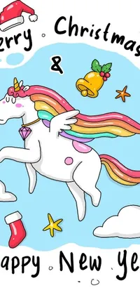 This phone live wallpaper features a fun and vibrant cartoon unicorn flying through a whimsical sky