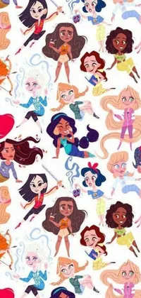 This lively cartoon phone wallpaper features a colorful group of whimsical characters with bold and dynamic hairstyles inspired by Disney and feminist art