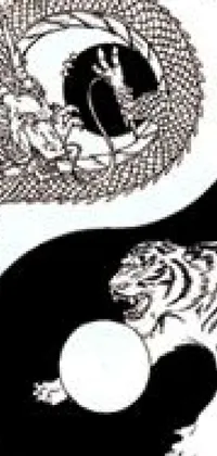 This live phone wallpaper boasts a captivating black and white tattoo design depicting a tiger and dragon intertwined in a circular Tai Chi-inspired pattern