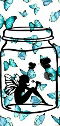 This blue colored phone live wallpaper features a cute cartoon fairy in a jar surrounded by black butterflies