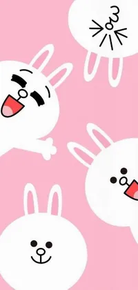 This fun and lively live wallpaper for your phone features a group of cute white rabbits with funny faces on a soft pink background