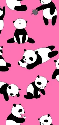 This lively phone wallpaper showcases an animated cartoon image of a group of adorable panda bears set against a charming pink backdrop