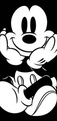 This live wallpaper features a black and white image of the iconic Mickey Mouse cartoon character kneeling against a graffiti-filled black background