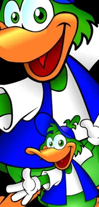 This phone live wallpaper features a cartoon duck in a vibrant blue and green outfit, rendered digitally for stunning visual appeal