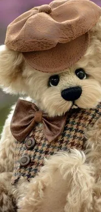 This live wallpaper features a cute teddy bear wearing a hat, with a tweed color scheme