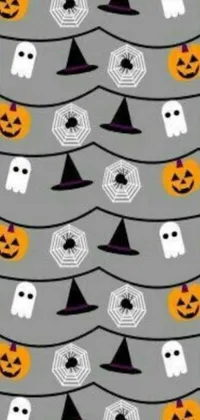 Get in the Halloween spirit with this spooky phone live wallpaper featuring a pattern of ghosts and pumpkins on a sleek gray background
