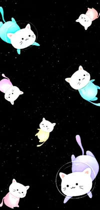 This space-themed live wallpaper features an enchanting scene of multiple cats soaring through the night sky