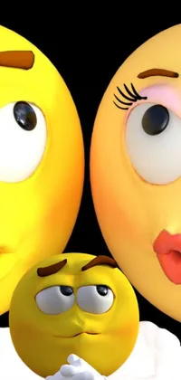 This phone wallpaper features two yellow emoticons sitting together and looking at each other, set against a gradient background of light blue and pink