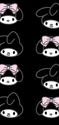This live phone wallpaper features a fun and playful design, with adorable Hello Kitty faces and other cute animal characters scattered across a black background