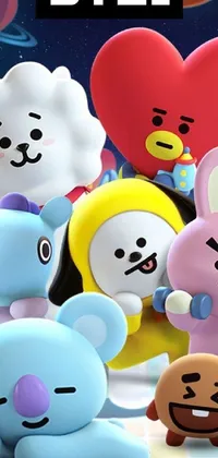This adorable phone live wallpaper showcases a group of playful and colorful BT21 characters cuddled up close together