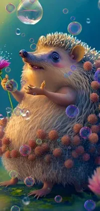 This captivating phone live wallpaper showcases a cute and colorful hedgehog sitting on a lush green field, complete with bubble VFX effects