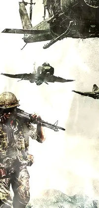 This phone live wallpaper features an impressive digital art piece with a military theme