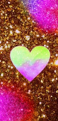 This live phone wallpaper features a brilliantly colored heart on a sparkly, glitter-filled background