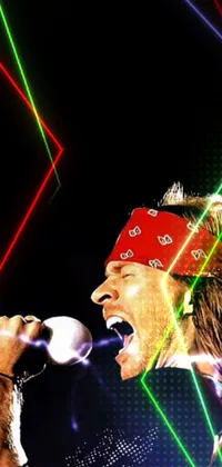 This phone live wallpaper showcases a captivating digital rendering of a singer wearing a bandana and performing into a microphone