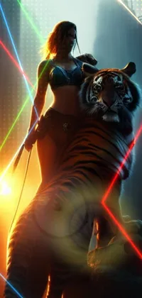 This mesmerizing phone live wallpaper features a stunning scene of a woman and a tiger in a lush jungle
