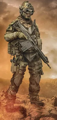 This live wallpaper depicts a soldier standing atop a mountain with a rifle in hand