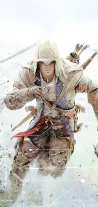 This Assassin's Creed 3 film promotional live wallpaper for phones showcases an impressive CG-rendered image of an American soldier dressed as an assassin