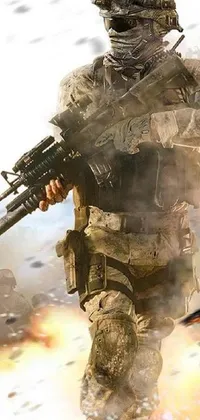 This dynamic live wallpaper depicts a soldier with a gun in hand, surrounded by explosions and smoke, while a helicopter looms ominously in the background